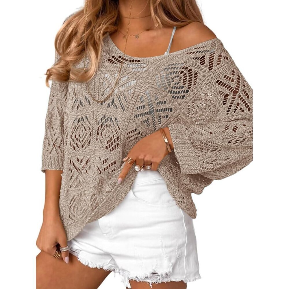 Women's Crochet Cover Up Top Summer Mesh Off Shoulder 3/4 Sleeve Blouse